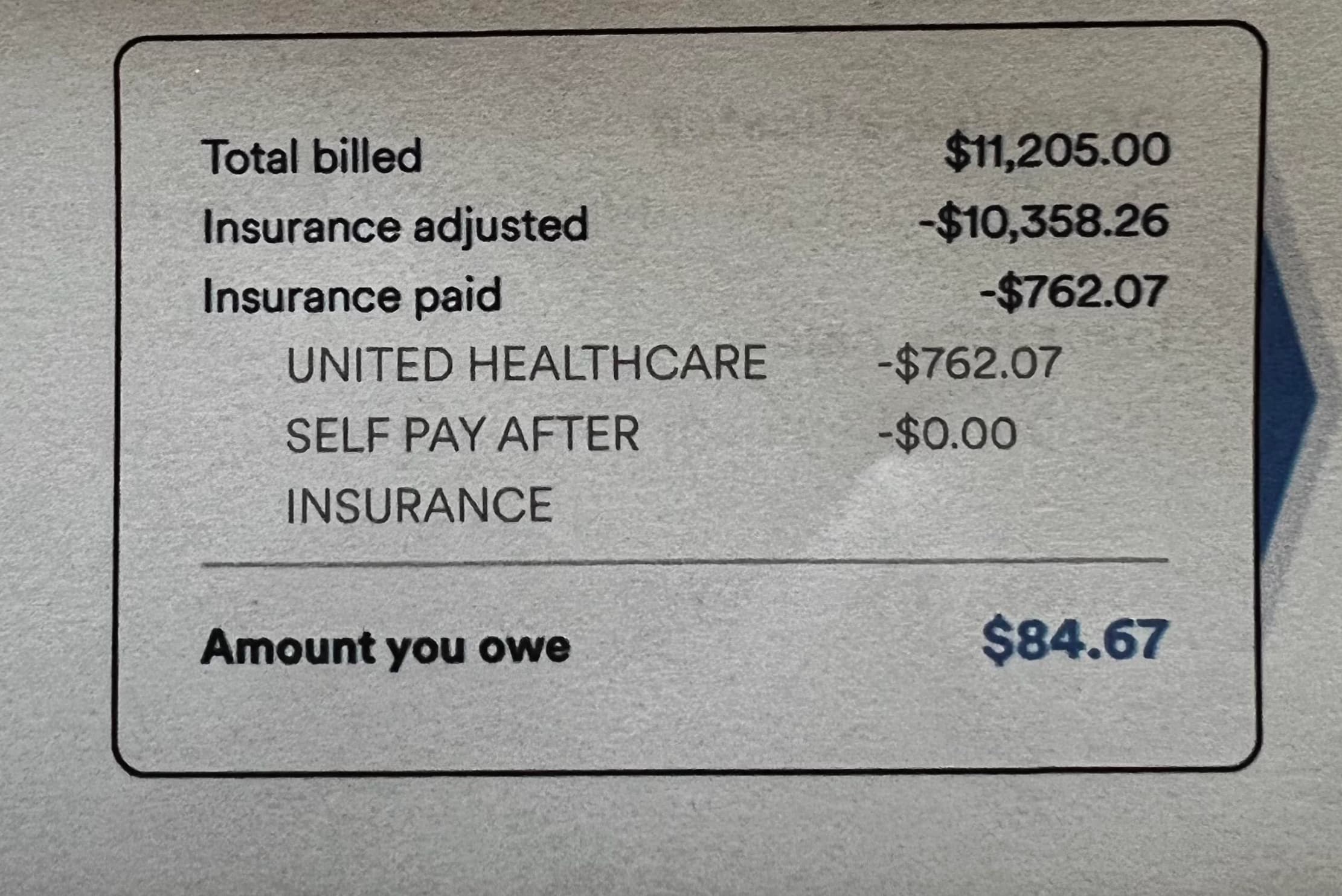 commemorative plaque - Total billed Insurance paid Insurance adjusted United Healthcare Self Pay After Insurance Amount you owe $11,205.00 $10,358.26 $762.07 $762.07 $0.00 $84.67